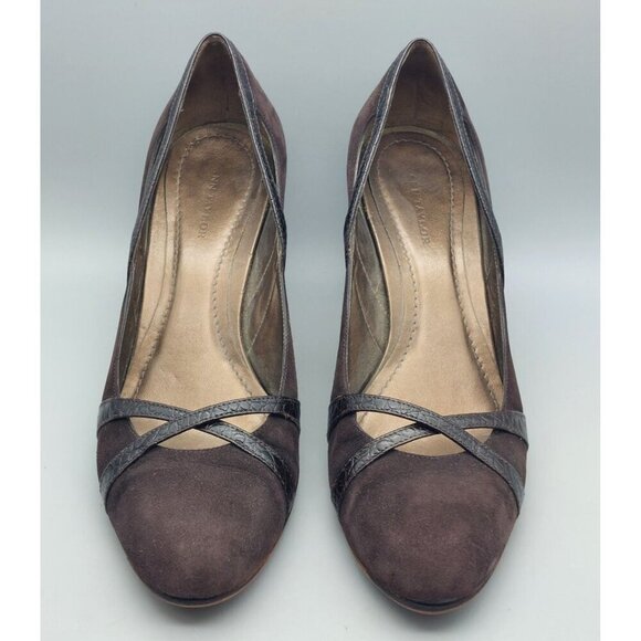 Ann Taylor Brown Suede Pumps Heels Shoes Leather Croc Straps Size 9M Career - Picture 2 of 14